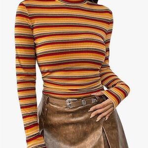 Striped Ribbed Long-Sleeve Top in Mustard and Red